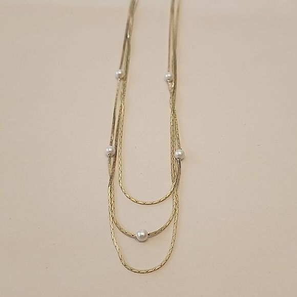 Faux Pearl Gold Tone Multilayer Necklace - Picture 2 of 3